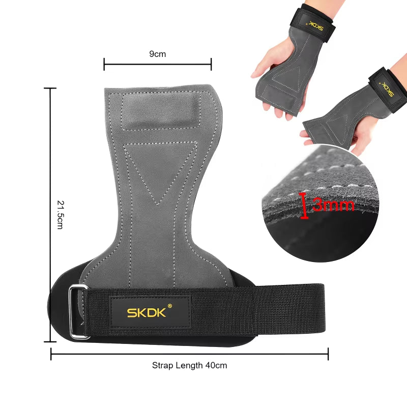 2Pcs Cowhide Gym Gloves Grips Anti-Skid Weight Power Belt Lifting Pads Deadlift Workout Fitness Palm Protection Training Guards